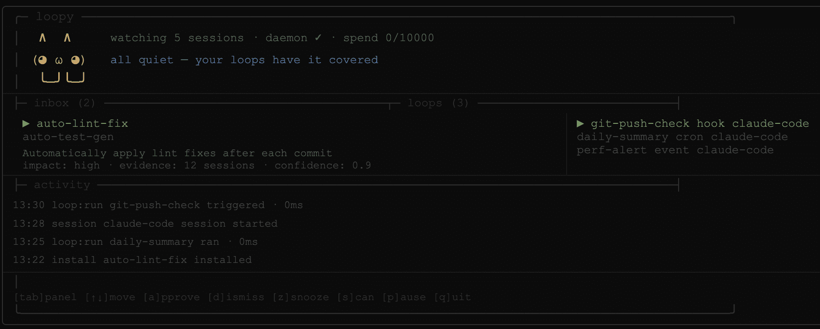 loopy terminal dashboard showing inbox, loops, and activity panels